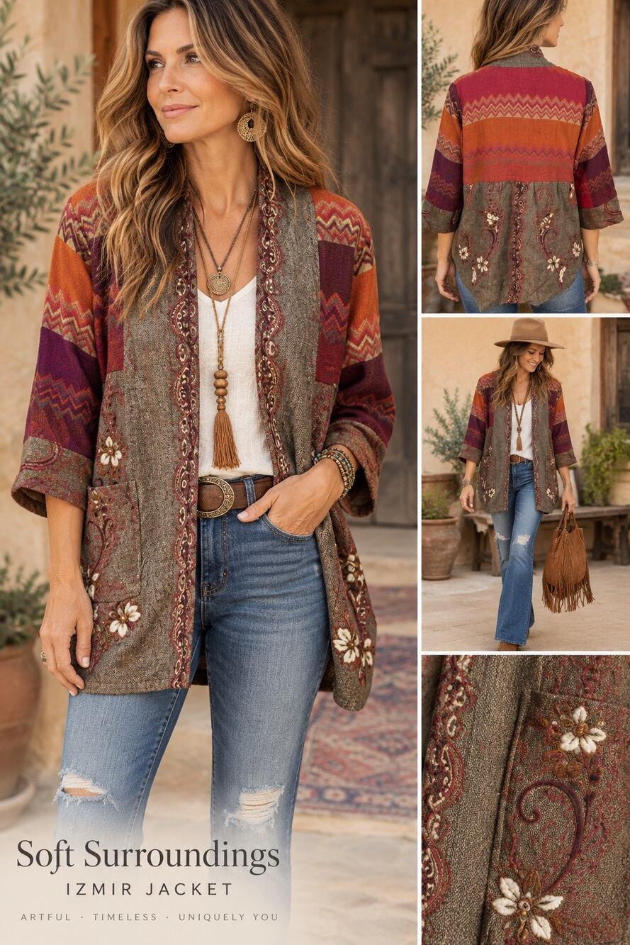 Soft Surroundings Izmir Wool Embroidered Jacket Cardigan Boho Patchwork P Med